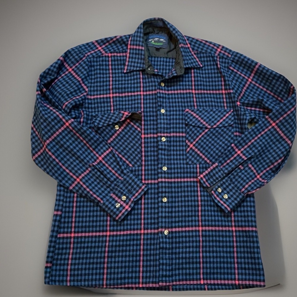 Backpacker Blue‎ Pink Plaid Acrylic Button Front Shirt Mens Medium Retro